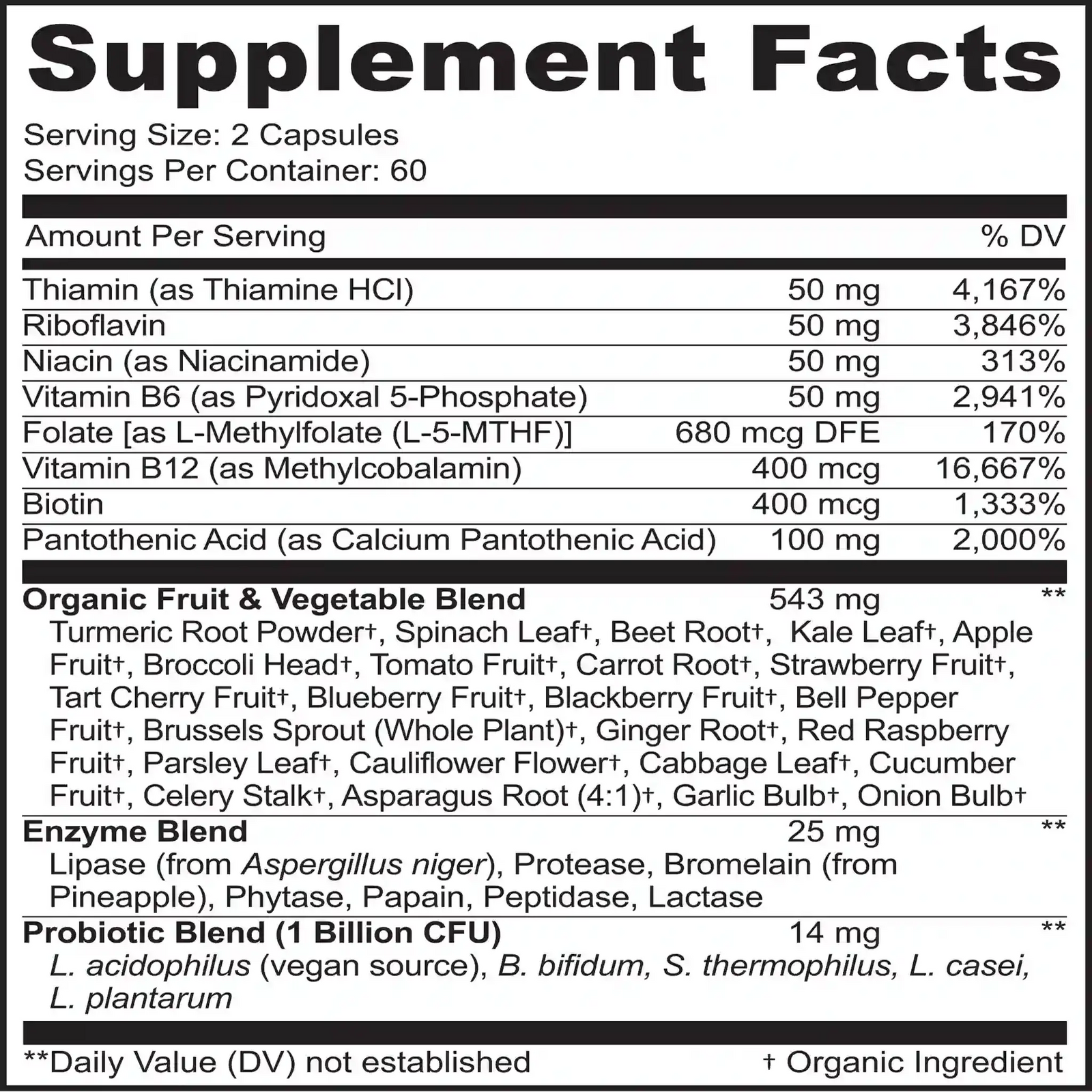 Supplement bottle labeled 'B Complex + Whole Food' by MoxyVites with vegetables and fruits on a white background