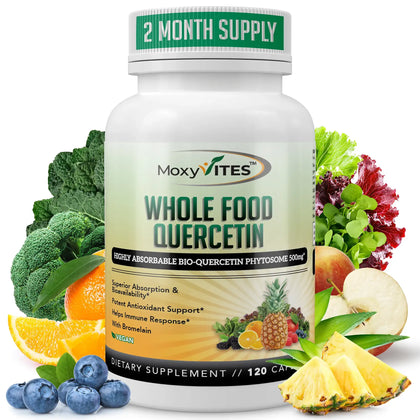 Main image of MoxyVites Whole Food Quercetin supplement bottle, front view label with surrounding images of fruits and vegetables on a white background 