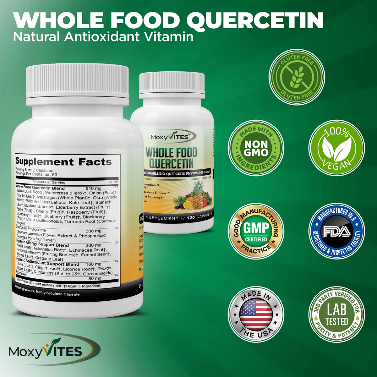 Two bottles of MoxyVites WholeFood Quercetin supplement with certification logos, 100% vegan, gluten-free, third-party tested, made in USA and GMP certified.