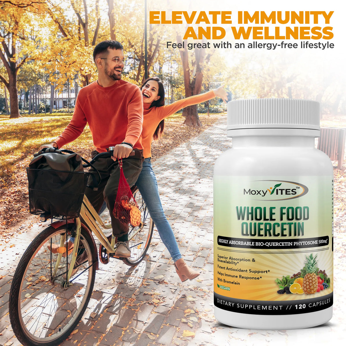 Two people enjoying a bike ride with a supplement bottle labeled 'MoxyVites WholeFood Quercetin, text: elevate immunity and wellness for an allergy-free lifestyle.
