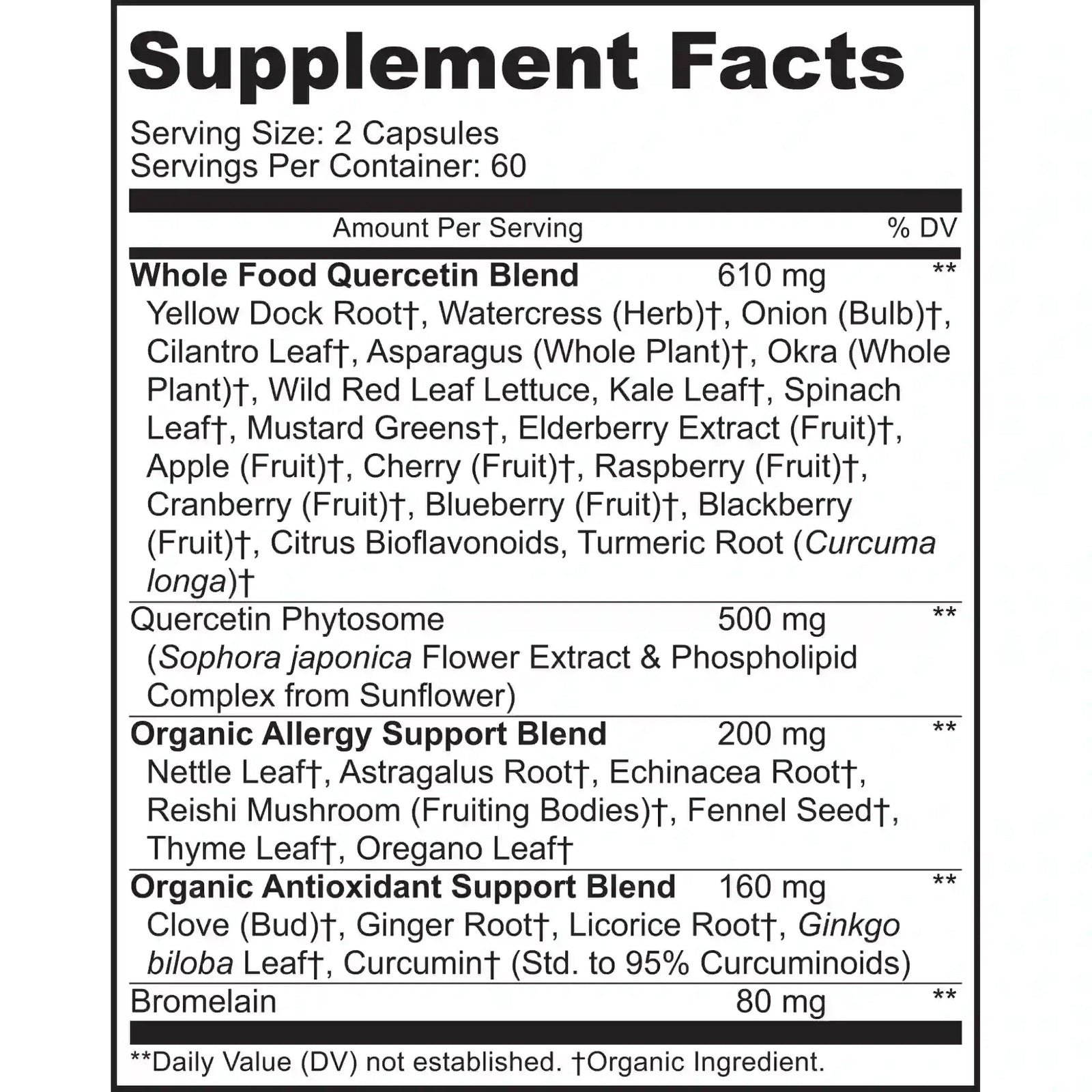 Main image of MoxyVites Whole Food Quercetin supplement bottle, front view label with surrounding images of fruits and vegetables on a white background 