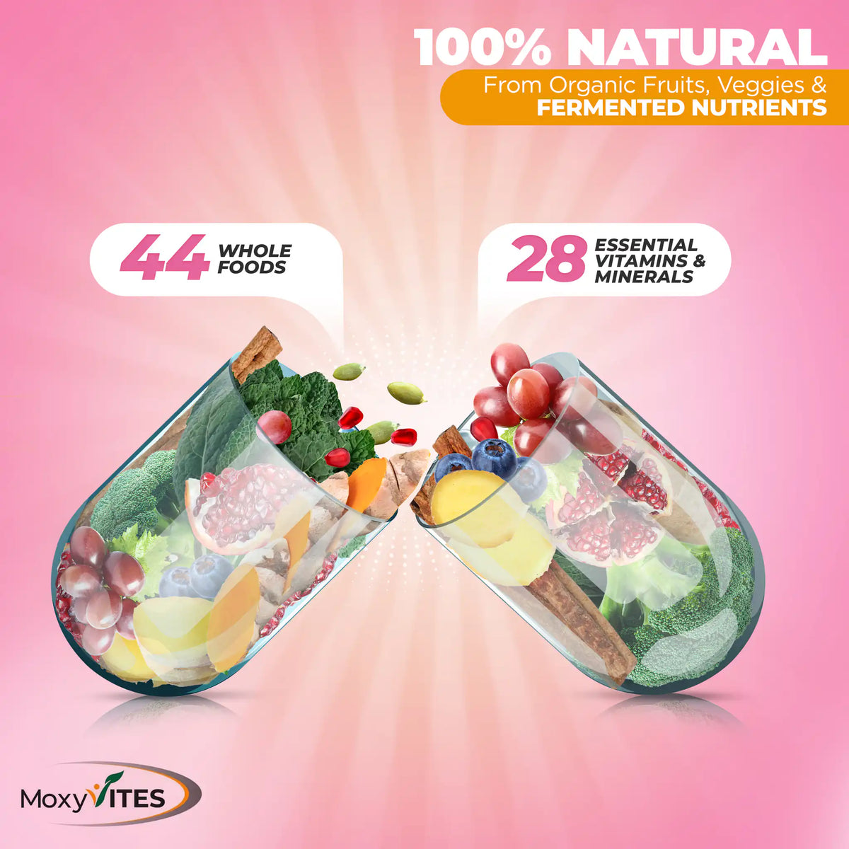 Two capsules filled with fruits and vegetables on a pink background, featuring '44 Whole Foods' and '28 essential vitamins and minerals'.
