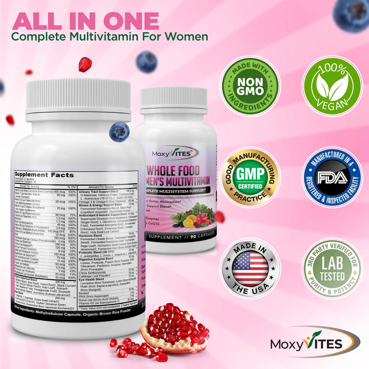 two bottles with certification logos: non-gmo, gmp certified, 100% vegan, third-party tested 