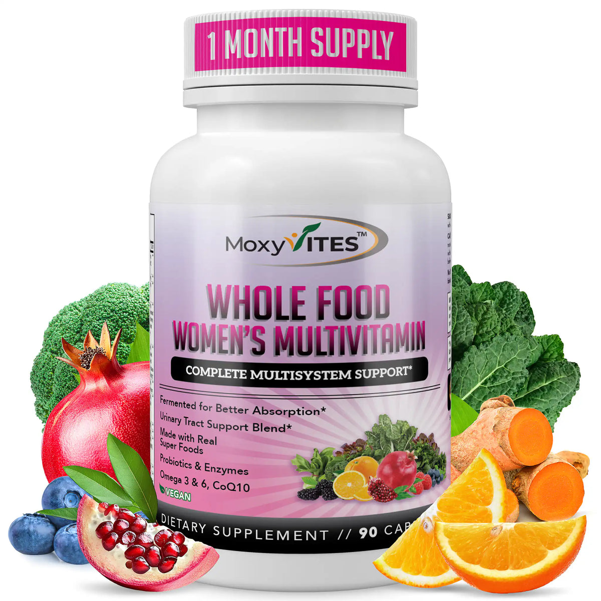 MoxyVites Whole Food Women's Multivitamin front bottle with fruits and vegetables on a white background