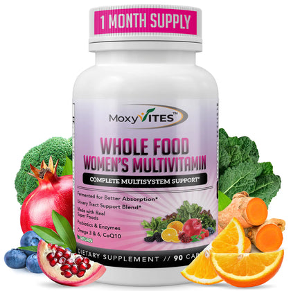 MoxyVites Whole Food Women's Multivitamin front bottle with fruits and vegetables on a white background