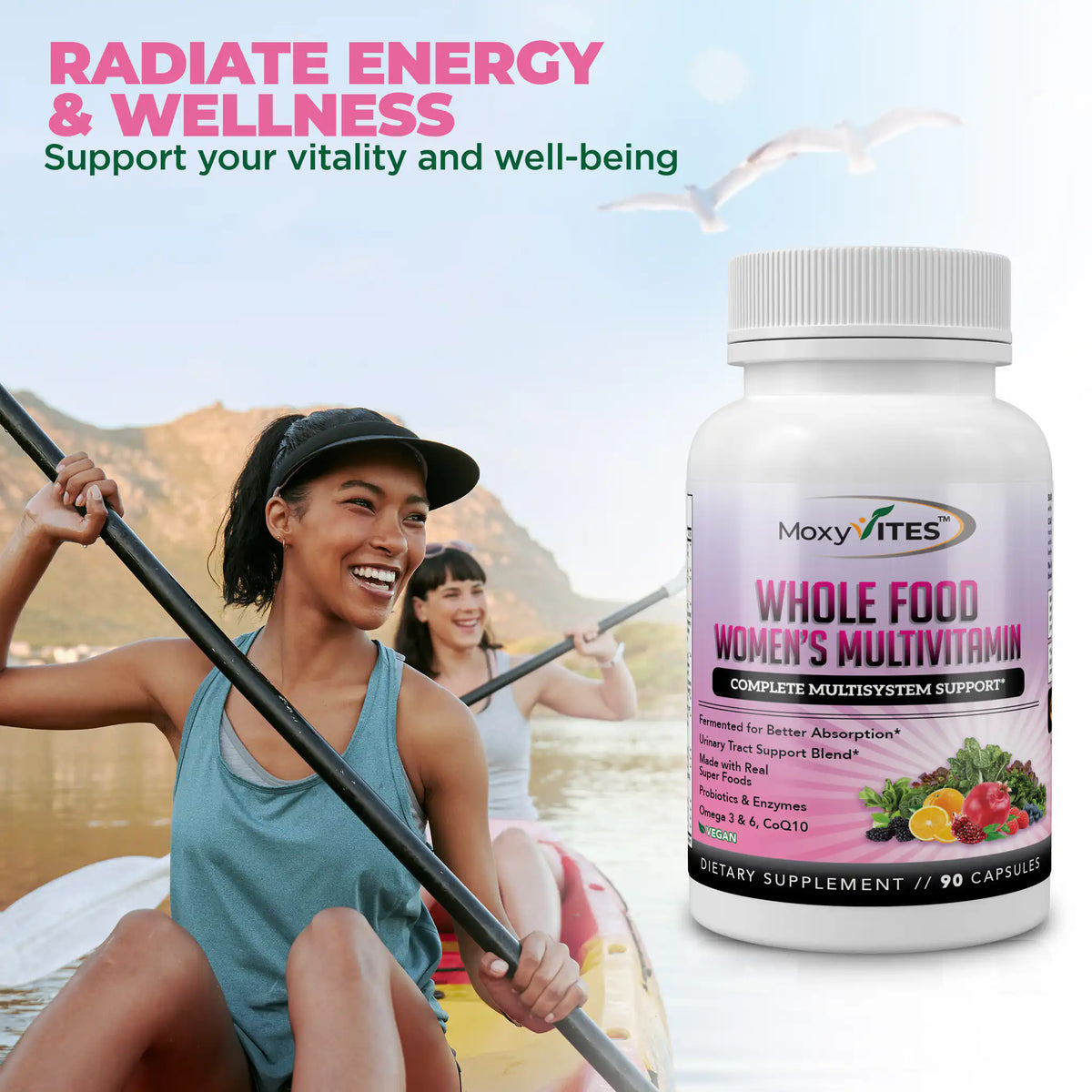 Woman paddleboarding with a bottle of Multivitamin in the foreground. Support your vitality and well-being.