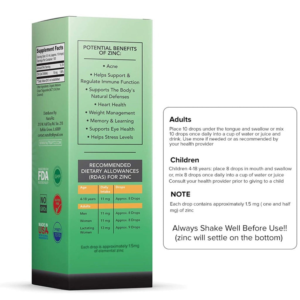A packaging label with benefits of zinc: supports the body's natural defenses, supports eye health, and regulates the immune system