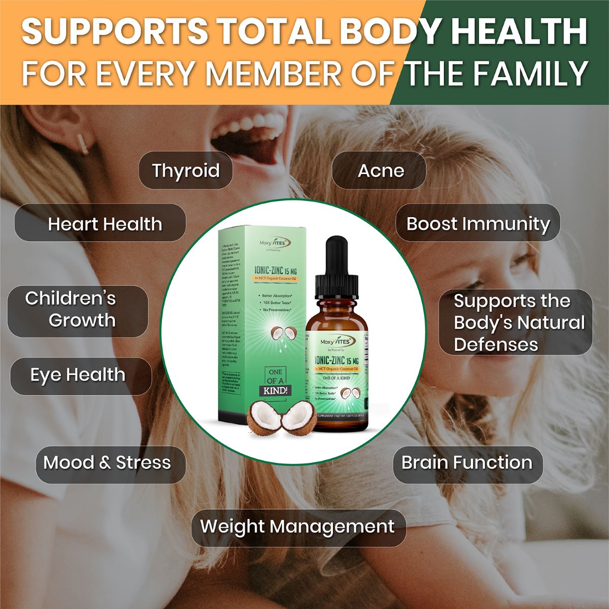 infographic showing benefits of MoxyVites Zinc, supports total body health, for heart health, eye health, brain function, and weight management 