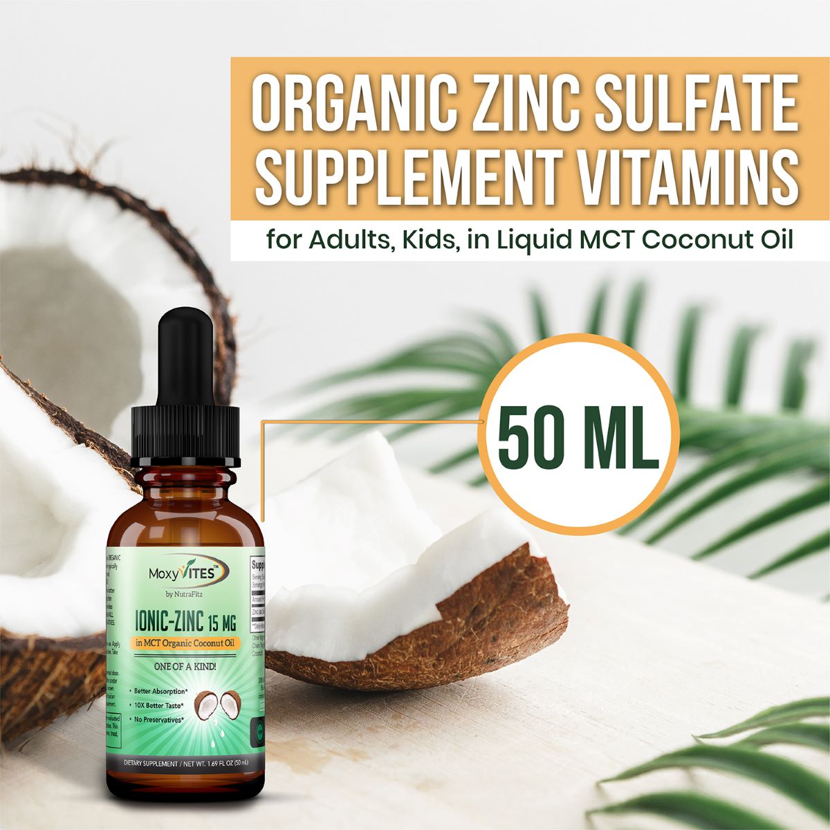 infographic showing a bottle of ionic zinc and coconut 
