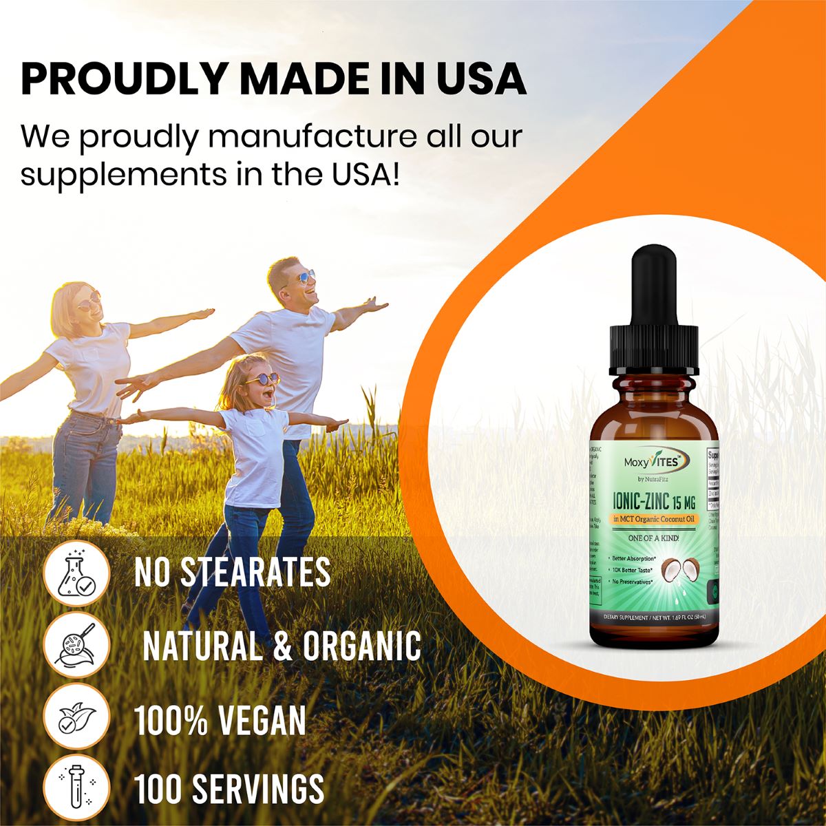 Infographics: proudly made in USA. No steroids, natural and organic, 100% vegan 
