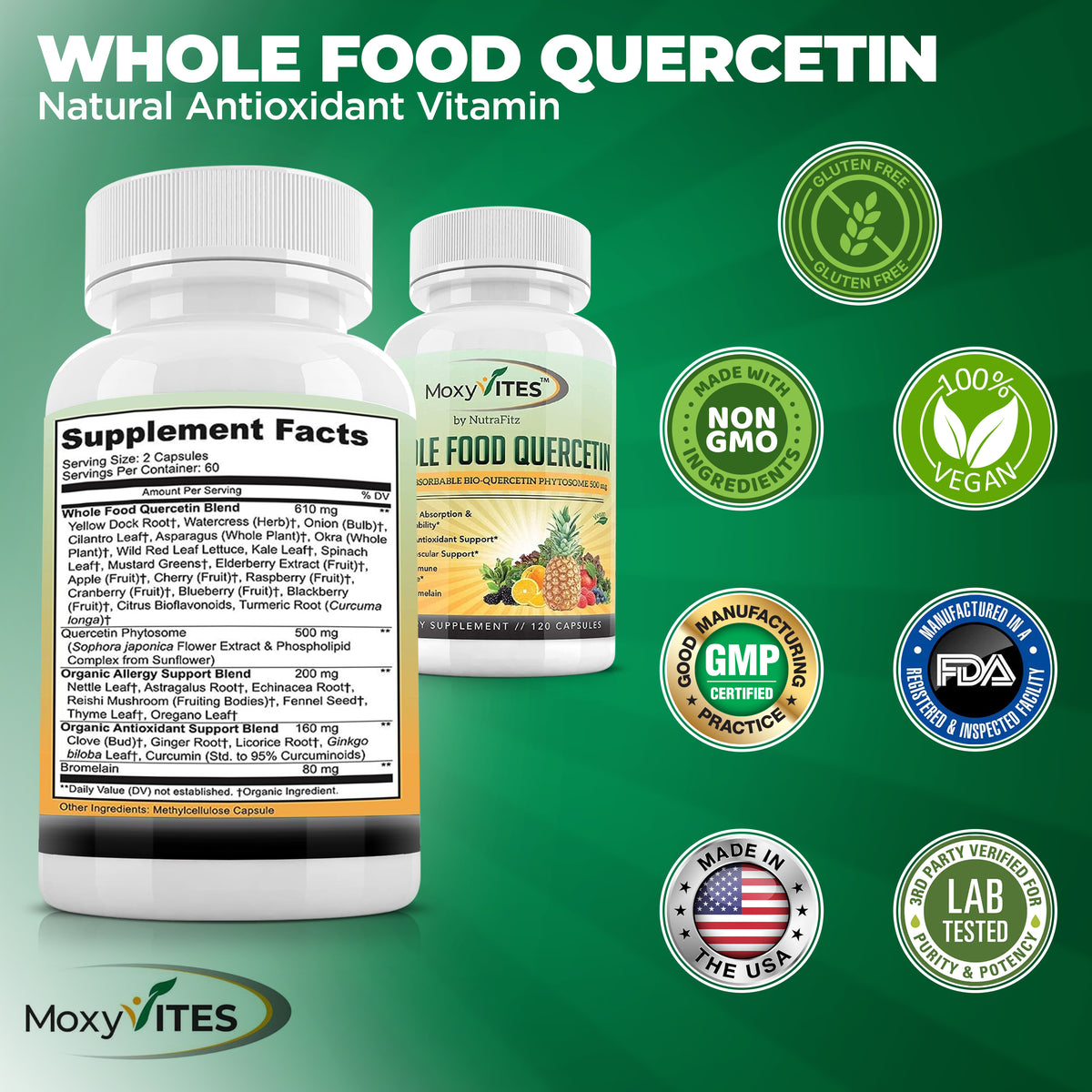 Infographic showing benefits of whole food quercetin with bromelain supplement