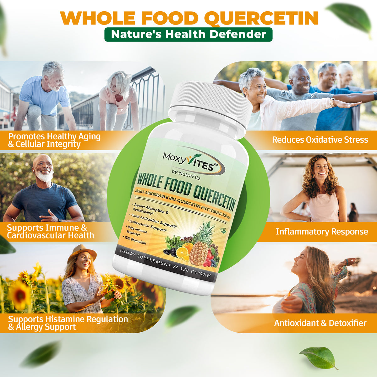 Infographic showing 5 key benefits of quercetin with bromelain supplement