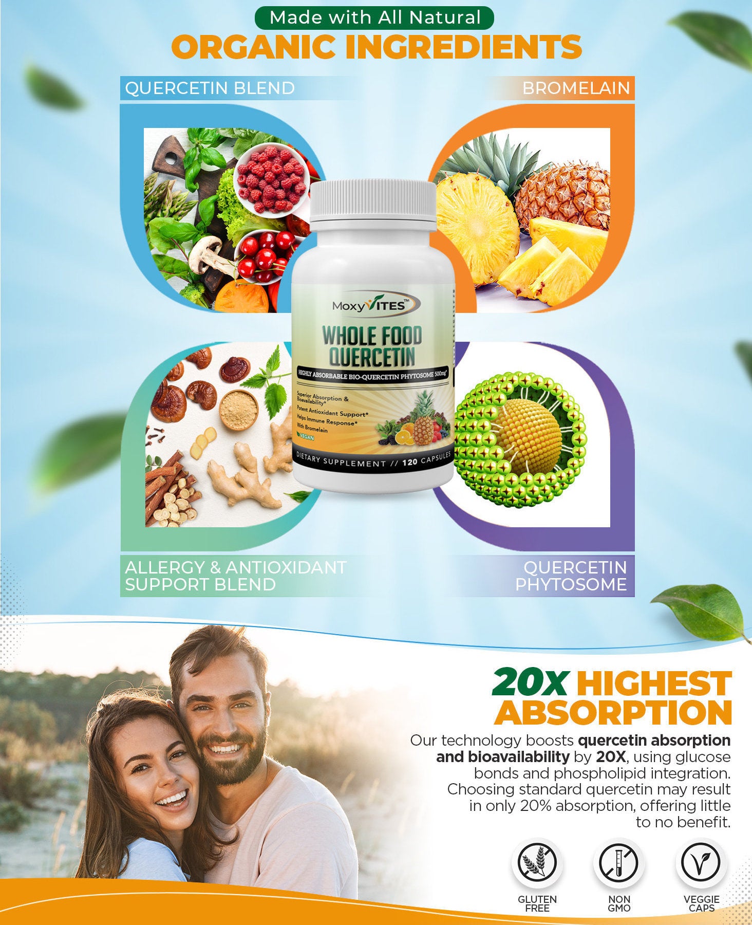 Supplement bottle with natural ingredients and health benefits on a scenic background