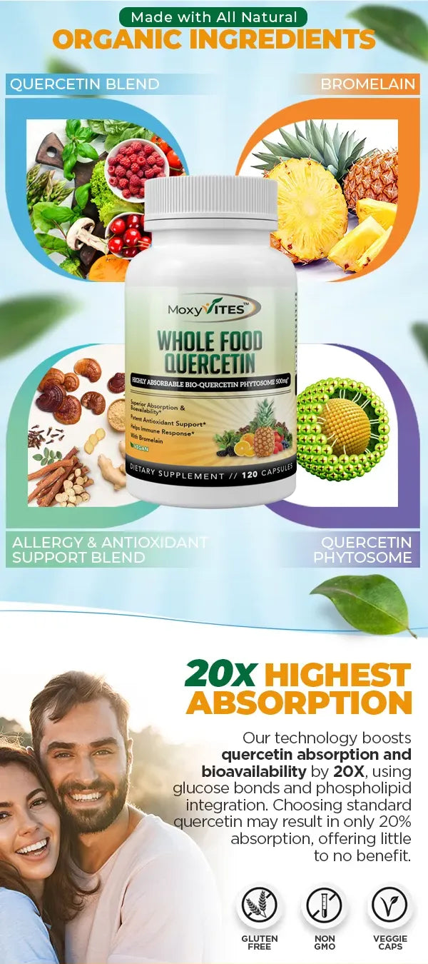 MaxxTymes Whole Food Quercetin supplement with natural ingredients and health benefits.