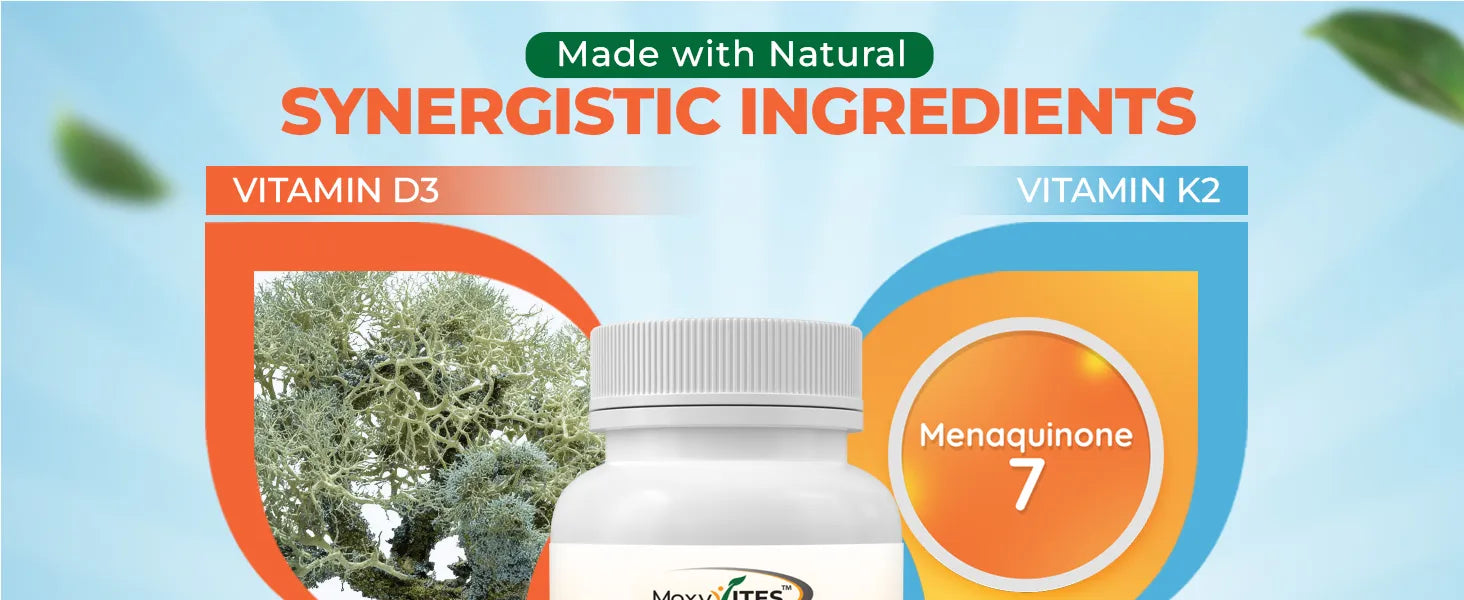 Supplement bottle with natural ingredients labeled Vitamin D3, Vitamin K2, and Menaquinone 7 on a blue background.