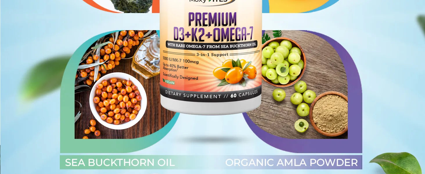 Supplement bottle with health benefits text on a colorful background