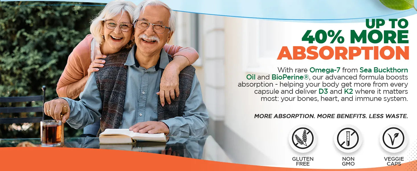 an elderly couple reading outdoors, highlighting increased absorption benefits.