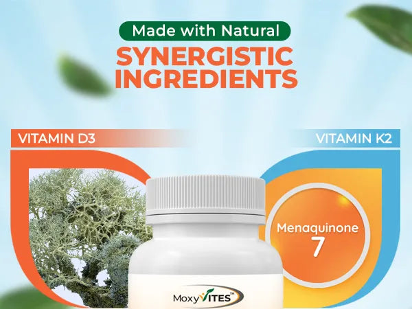 Supplement bottle with natural ingredients labeled Vitamin D3, Vitamin K2, and Menaquinone 7 on a light blue background.