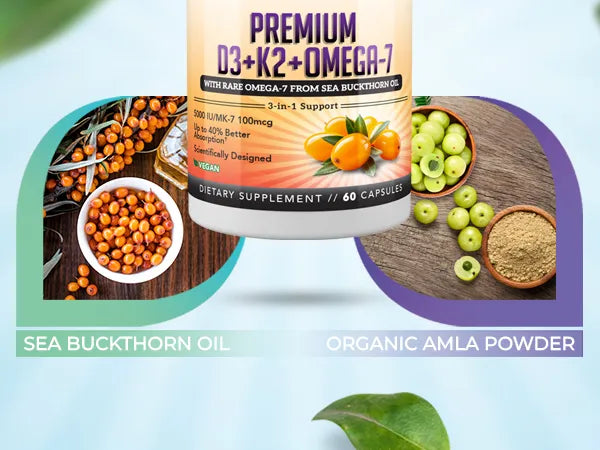 Supplement bottle with images of sea buckthorn oil, amla powder, and capsules on a light blue background.
