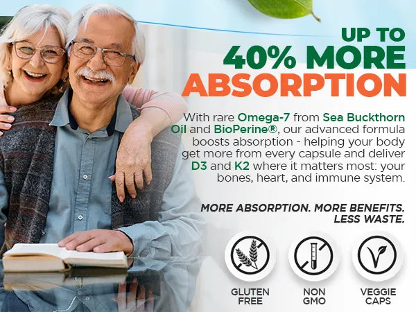 An elderly couple with text about supplement absorption and benefits.
