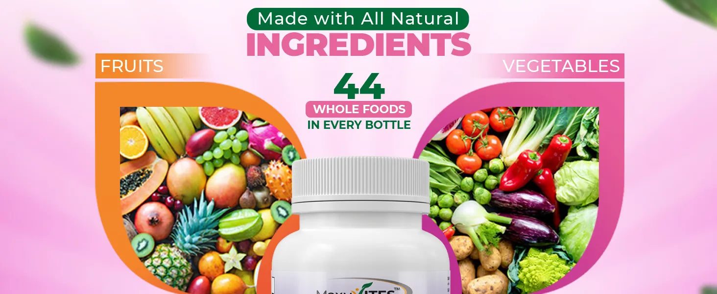 Supplement bottle with images of fruits and vegetables on a pink background, highlighting natural ingredients.