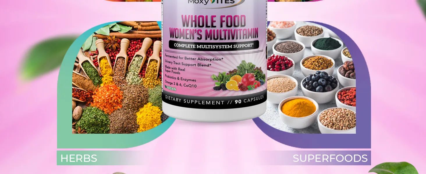 Whole Food Women's Multivitamin bottle with images of herbs and superfoods on a pink background