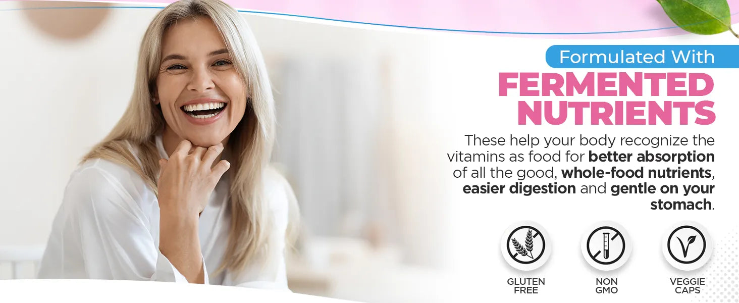 Woman with blonde hair and a white shirt, smiling, with text about fermented nutrients and product features.