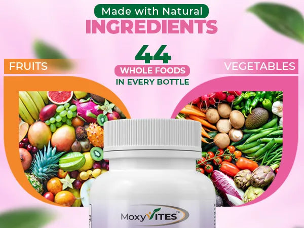 MoxyVites supplement bottle with images of fruits and vegetables on a pink background