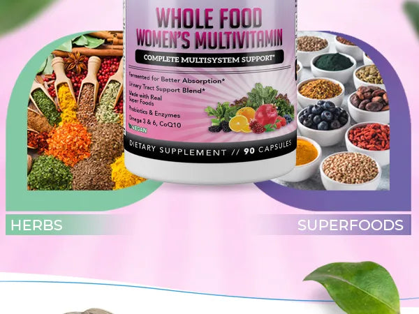 Whole Food Women's Multivitamin supplement with images of herbs and superfoods on a pink background.