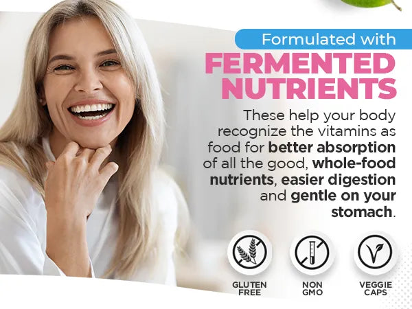 Advertisement featuring a woman with blonde hair and a white shirt, promoting products formulated with fermented nutrients.