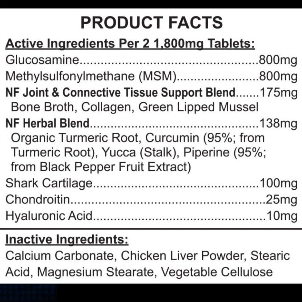 product facts: Glucosamine Chondroitin 800 mg, MSM 800mg, Hyaluronic acid 10mg, Bone Broth
