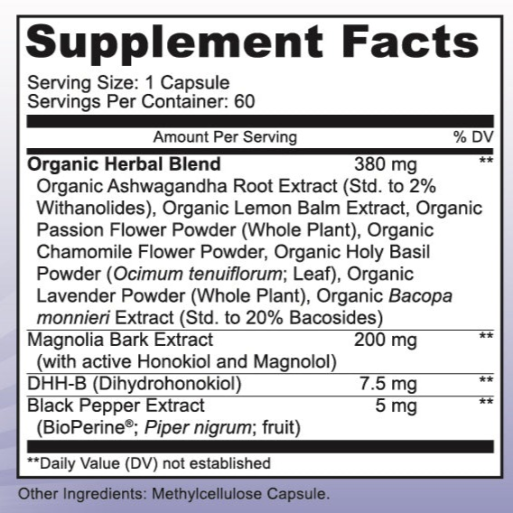 supplement facts, organic ashwagandha, chamomile flower powder, pure honokiol and magnolol